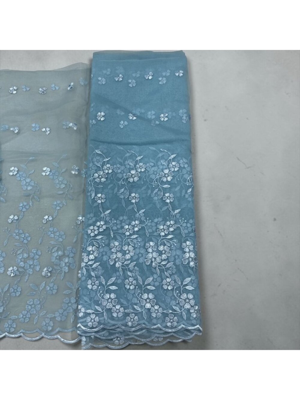 Embroidered Blue Floral Mesh Lace Fabric - 4 Yards X 45" Width - Scalloped Edges
